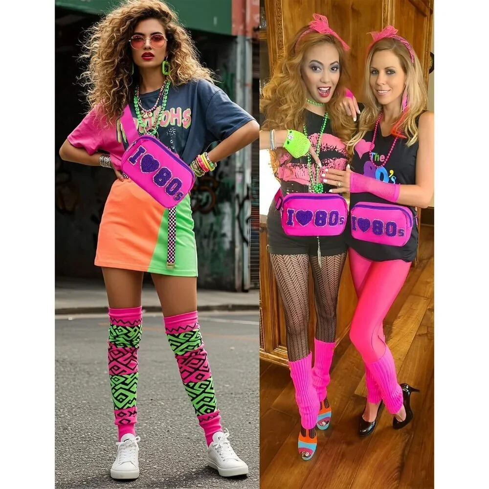80s Neon Fanny Pack for Women Retro Crossbody Belt Bag Rave Party Gifts